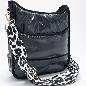 Ahdorned Nylon Liquid Puffy Classic Messenger Bag with leopard strap NWT